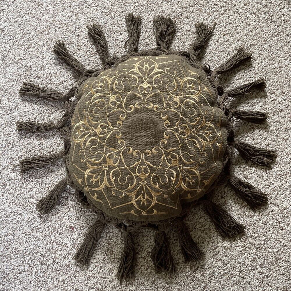 Bloomingville Accent Pillow Round Sun Starburst‎ Floral Embroidered Tassels Vtg
